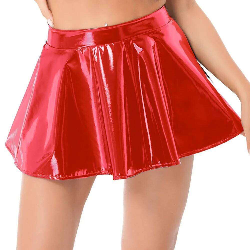 Flared Miniskirt For Women Glossy Patent Leather Dance Performance Mini Skirt Clubwear Cosplay Costume Retro Color Dress XJ260309