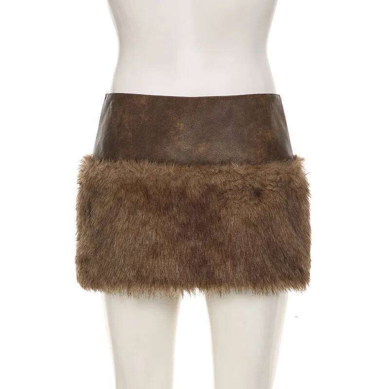 Vintage Patchwork Pu Leather Furry Skirt 2024 Winter Fashion Slim Mid-Waisted Mini Skirts Women Streetwear Lady XJ260309