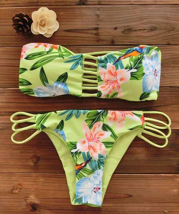 2022 Women Bandeau Bikini Reversible Print Swimsuit Strappy Swimwear Biquini Trikini 1112 XJ260206