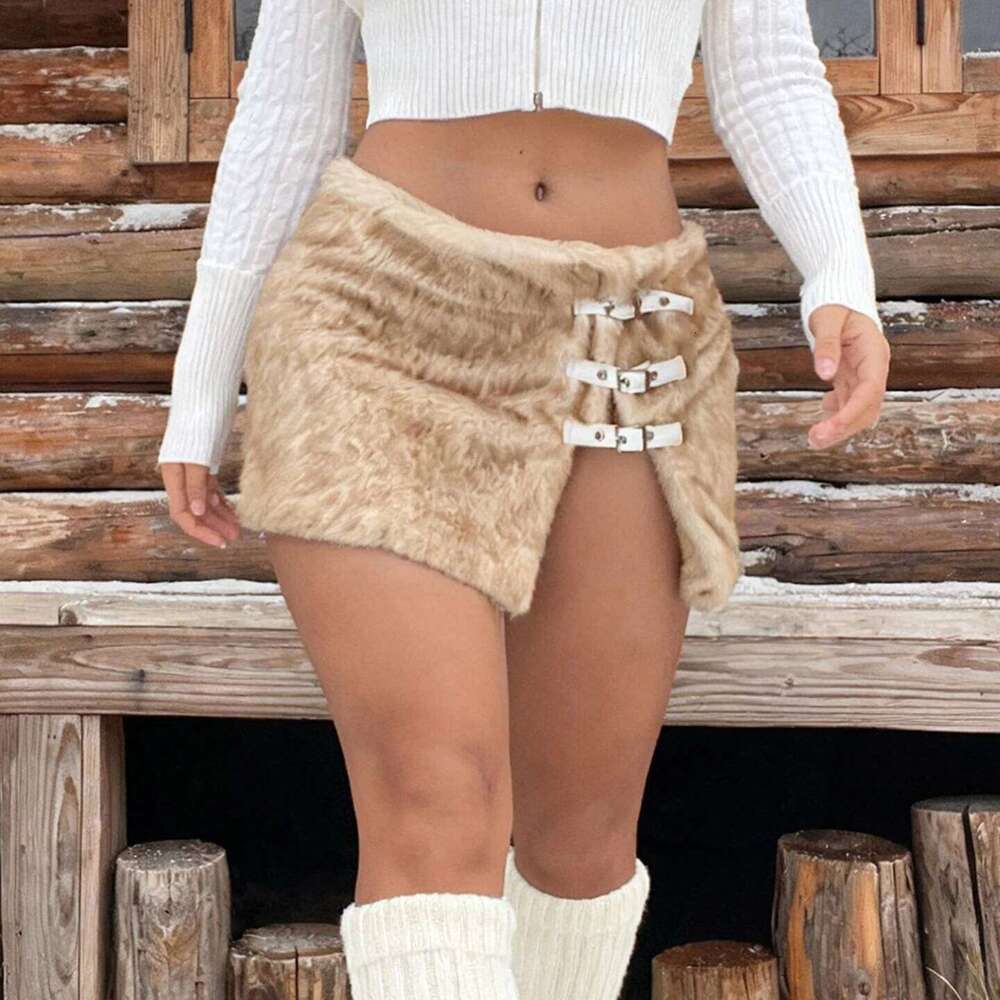 Y2K Sexy Fur Split Mini Buckle Sweet Slim Side Slit Mid-Waisted Bodycon Skirt Casual Streetwear Party Outfit Autumn Winter XJ260309