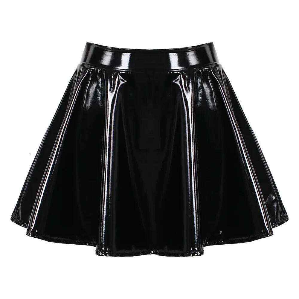 Flared Miniskirt For Women Glossy Patent Leather Dance Performance Mini Skirt Clubwear Cosplay Costume Retro Color Dress XJ260309