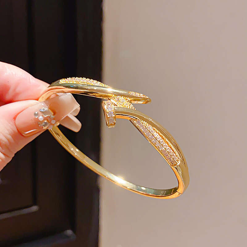 Jewelry Bracelets Bangle 18K Real Gold Plated French Zircon Cross Nail Adjustable Clasp Exquisite Unique High-End Texture Women's
