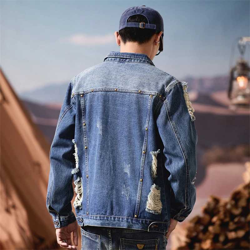 Mens Spring Autumn Ripped Denim Jacket Trendy American Retro Style Casual Coat for Streetwear Comfortable Midweight Outerwear M260309
