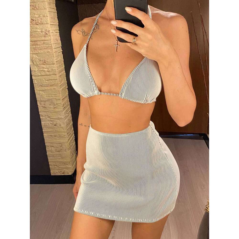 S - XL New With Skirt Ribbed Halter Female Swimsuit Women Swimwear Three-pieces Bikini set Bather Bathing Suit Swim V4351 XJ260206