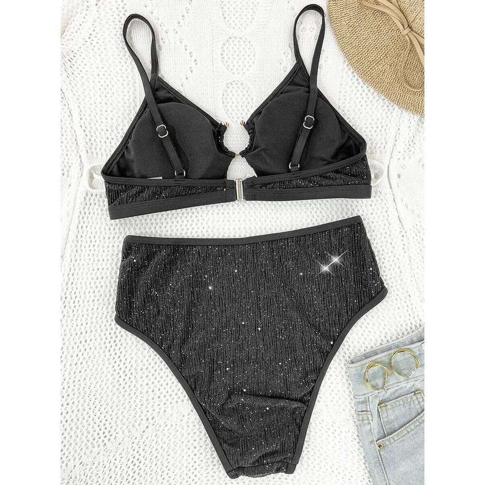 Glitter Sparkling Cut Out Female Swimsuit High Waist Women Swimwear Two-pieces Bikini Set Trend Bathing Suit Swim Lady XJ260206
