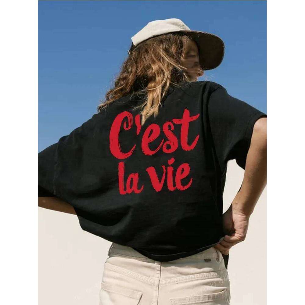 Women's Casual Short-Sleeve T-Shirt with Red Cursive C'est La Vie Print on Black Round Neck Top Comfortable All Season Y2K Shirt XJ260306