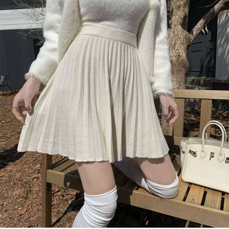 Spring Knit White Mini For A Line Skirt Gray High Waist Women Knitted Pleated Short Skirts Korean Fashion XJ260309