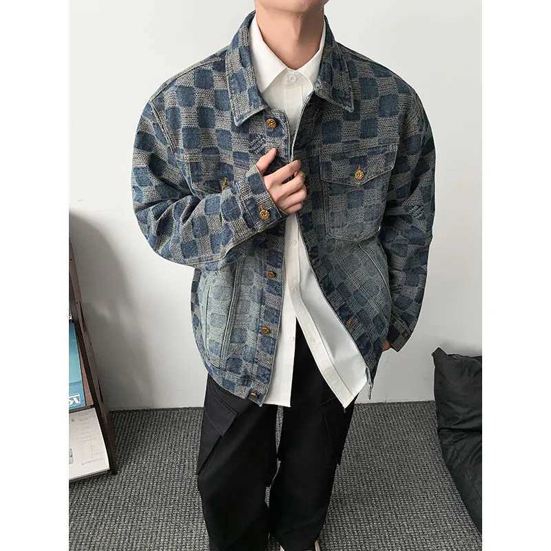Vintage Loose Mens plaid Print Denim Jacket Spring Autumn Casual Versatile Hipster Long Sleeve Outerwear Coat M260309