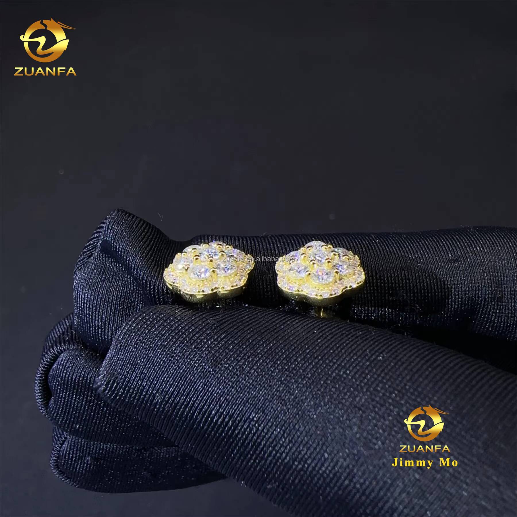 Pass Diamond Tester Drop Shipping Men Iced Out Hip Hop Sterling Silver 925 Screw Back Moissanite Flower Shape Cluster Earrings