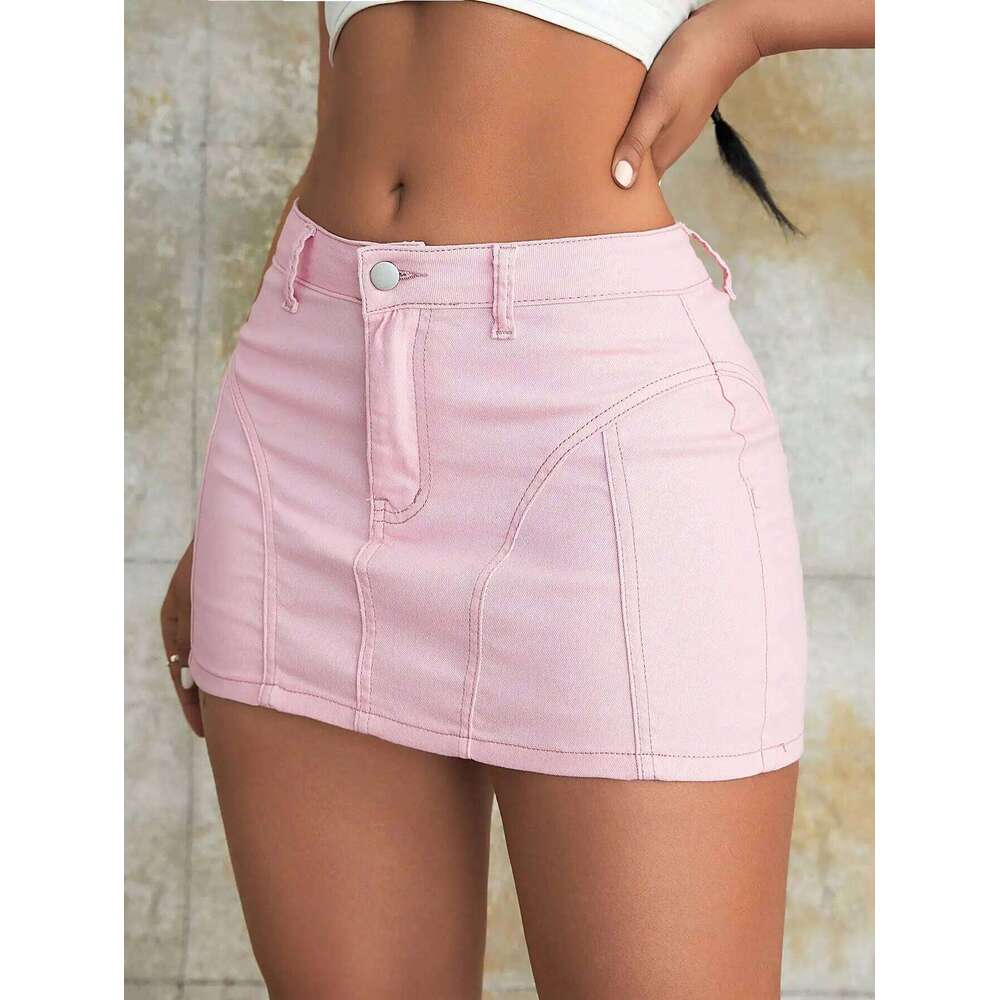 Y2k 2023 Fashion Women Carnival Holiday High Waist Solid Fake Pocket Skinny Mini A-Line Denim Skirt Streetwear XJ260309