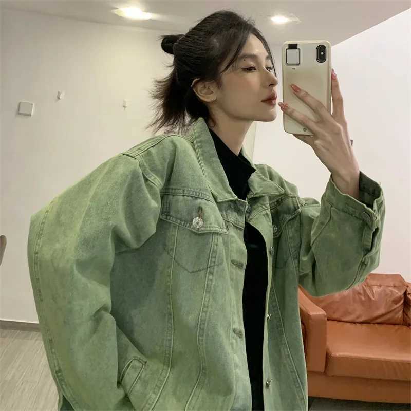 New Denim Jacket Men and Woman Harajuku Loose Jeans Jackets Korean Female High Street Green Washed Fashion Coats Male M260309