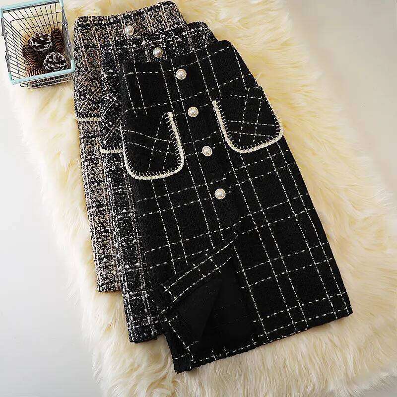 OCEANLOVE Faldas Mujer Plaid Vintage Knee Length Autumn Winter Woolen Women Skirts Korean Jupe Femme XJ260309