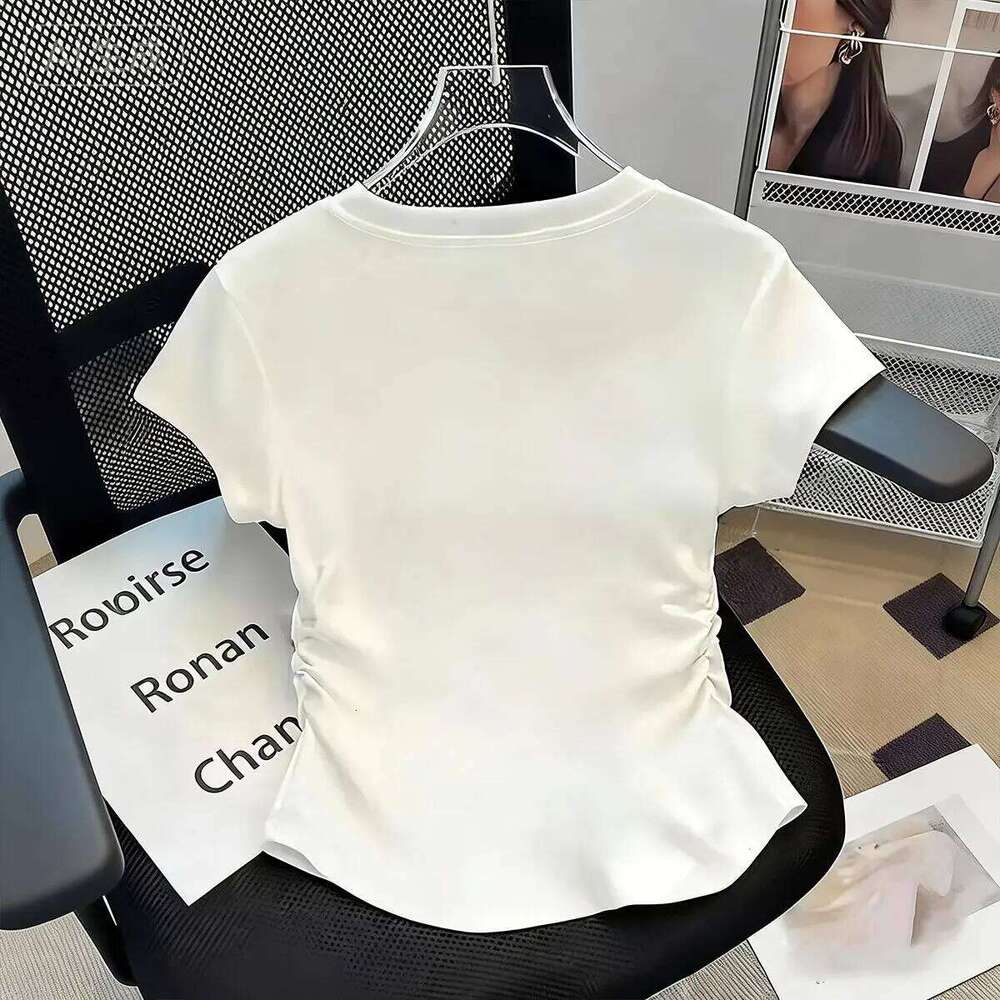 Women's Waist-Defining Elastic T Shirt Red Lips printed Short Sleeve Round Neck top tee Fashionable XJ260306