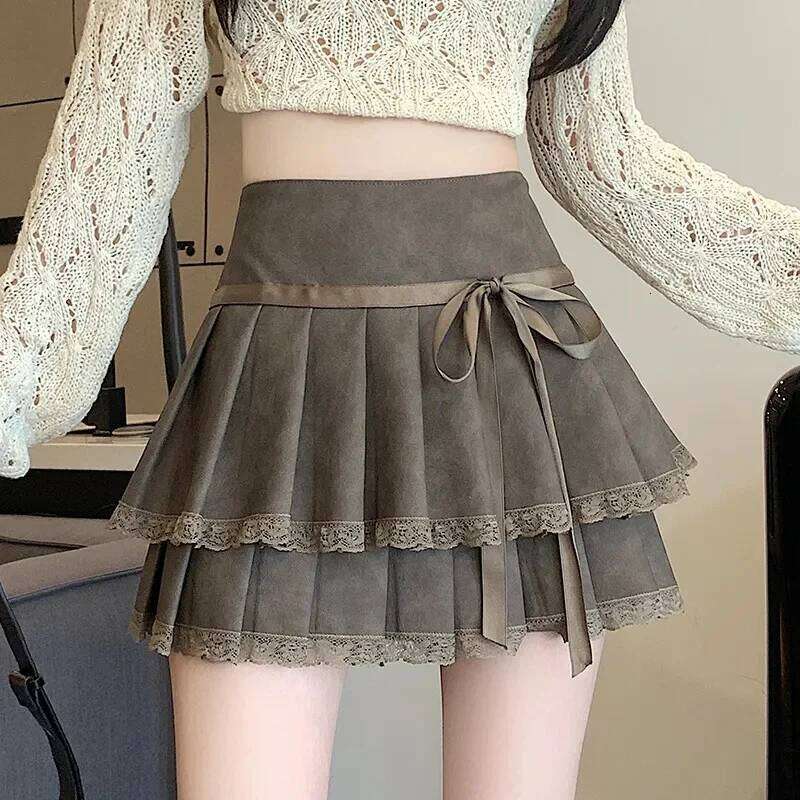 2025 Korean Ins Bowknot A Line Women Summer High Waist Lantern Mini Skirts Woman Solid Color Sweet Style Skirt Girls XJ260309