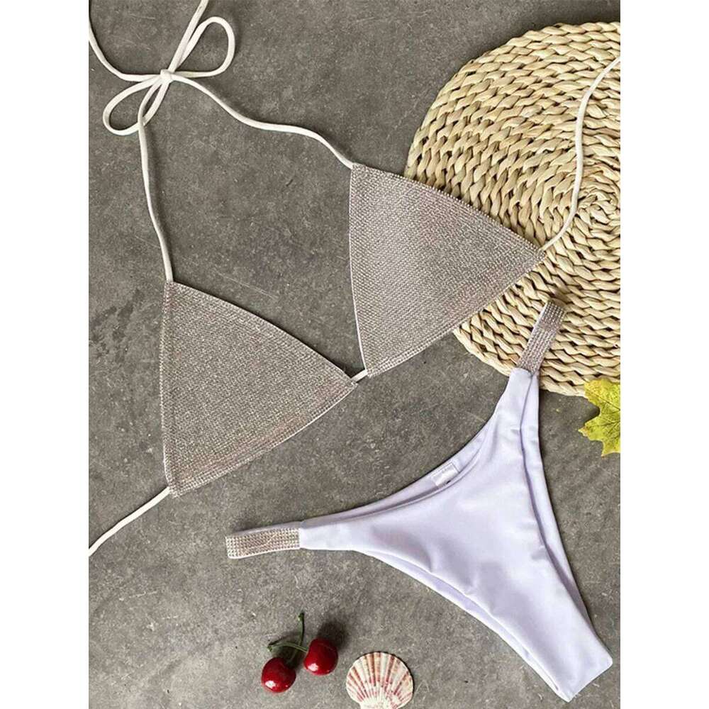 Shiny Sequins Diamond Micro 2025 Women Swimsuit Female Halter Swimwear Two Pieces Bikini Set Brazilian Bathing Suit Swim XJ260206