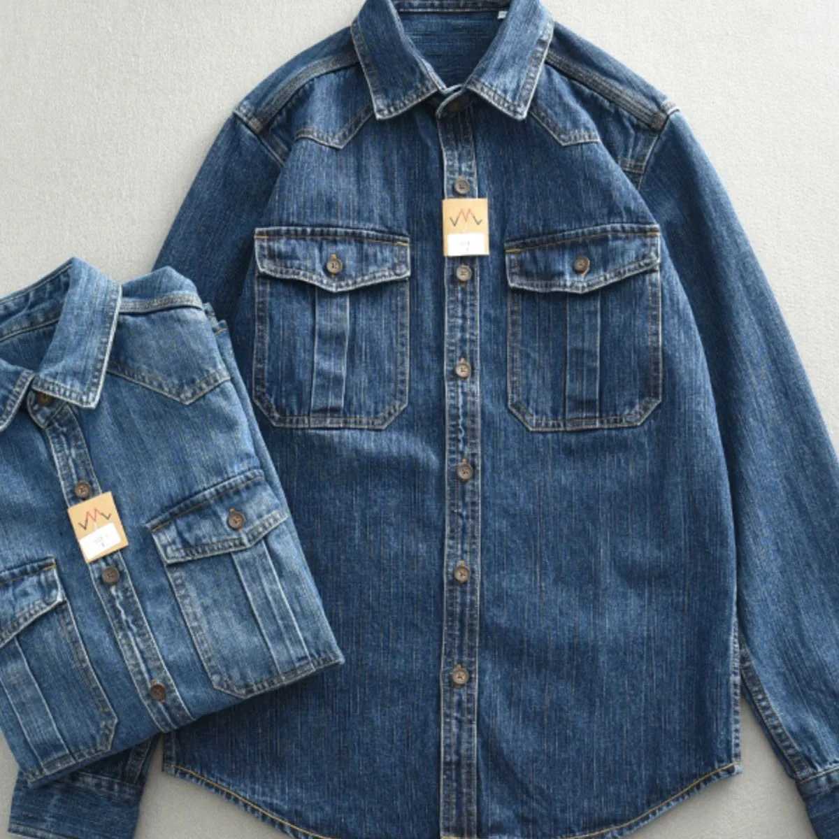 American Retro Denim Shirt Jacket For Men Fashion Safari Style Lapel Pocket Splicing Coat Casual Loose Male Autumn Shirts M260309