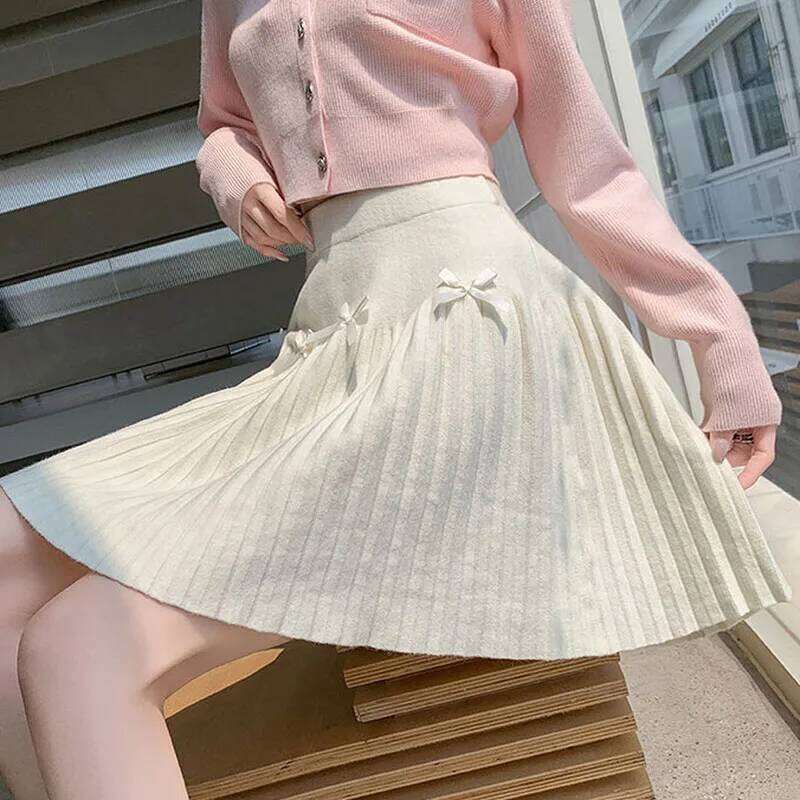 Korean Chic Bow Knitted A-Line Women Preppy Style Cute Pleated Short Skirts Girls All-Match Slimming High Waisted Skirt XJ260309