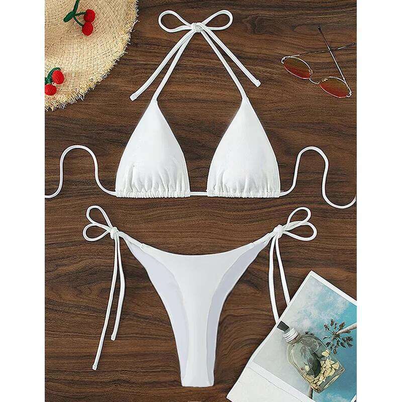 Beach Style Halter Bikini Set Sexy Solid Thong Swimwear Bathing Suit Mujer Lingerie for Women XJ260206