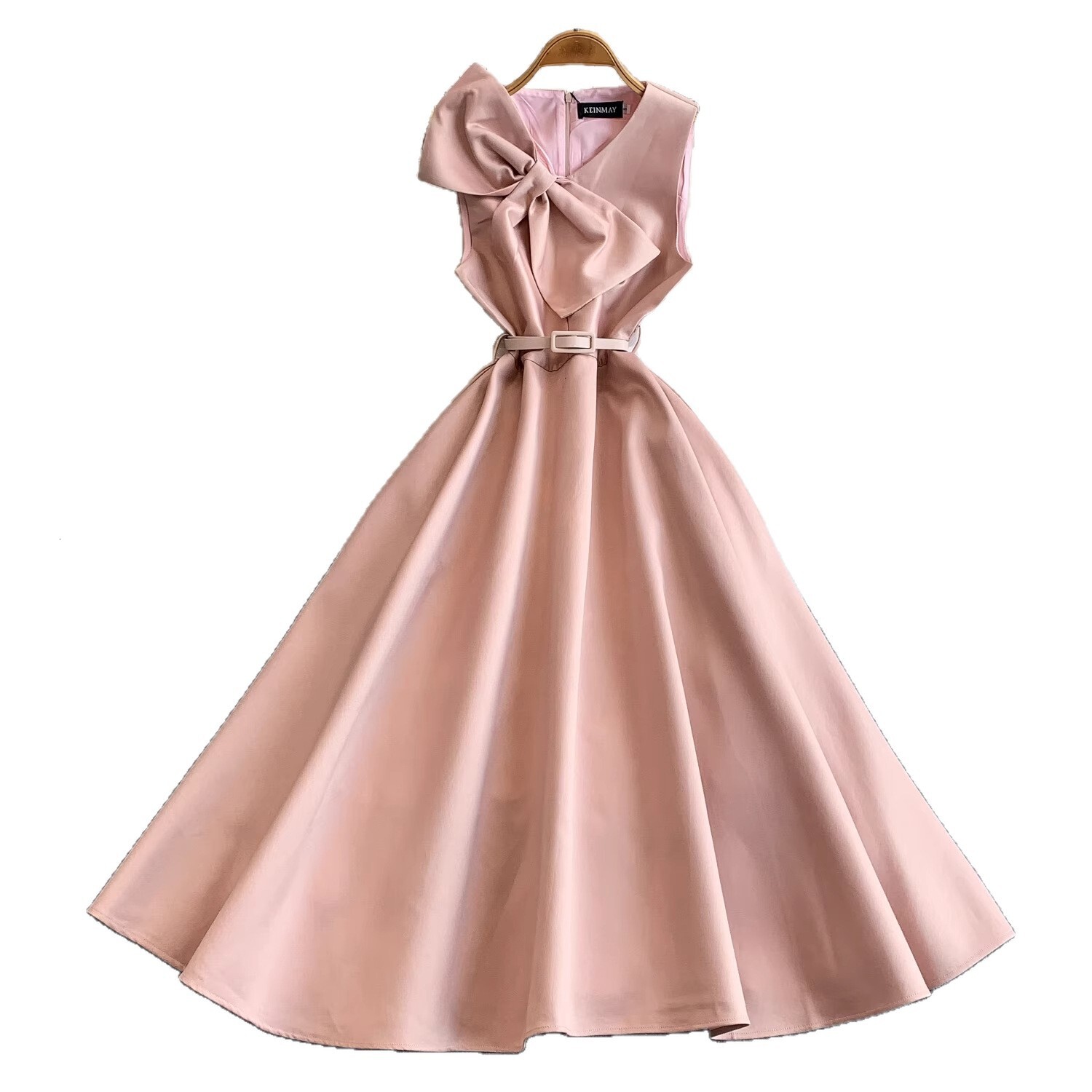 Elegant Womens Evening Party Dress With Bow V-neck Sleeveless Waist-cinching Slimming Long Skirt With A Large Hem