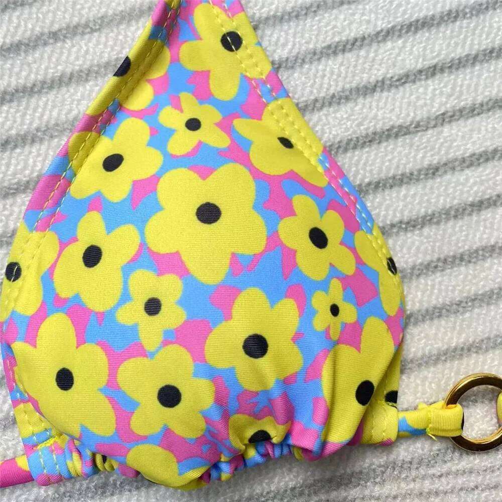 Sexy Yellow Floral Print Swimsuit Micro Bikini Thong 2025 Women String Halter Swimwear Bathing Suit Biquinis Mini Bikinis Sets XJ260206