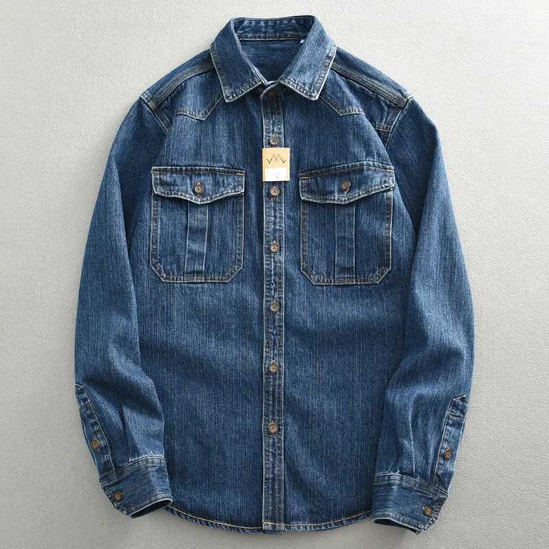 American Retro Denim Shirt Jacket For Men Fashion Safari Style Lapel Pocket Splicing Coat Casual Loose Male Autumn Shirts M260309