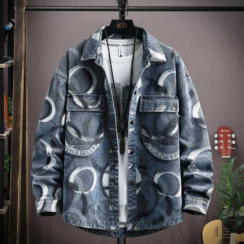 Autumn and Spring New Fashion Trend Print American Streetwear Denim Jacket Mens Casual Loose Sports Outerwear M260309