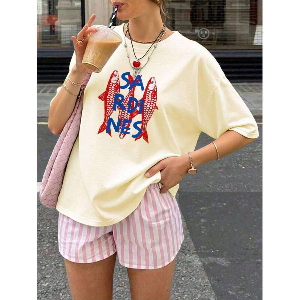 New Women's Cartoon Sardine Printed Casual Fashion Short Sleeve T-shirt Soft Comfortable Summer Women Clothing XJ260306