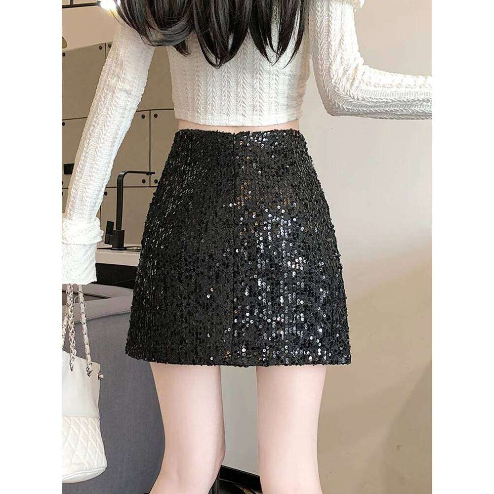 Fashion Streetwear Mini Women's Skirts Y2K Autumn Winter A-Line Glitter Sequins Tweed Skirt Bodycon Wrap Black Pink Jupe Femme XJ260309