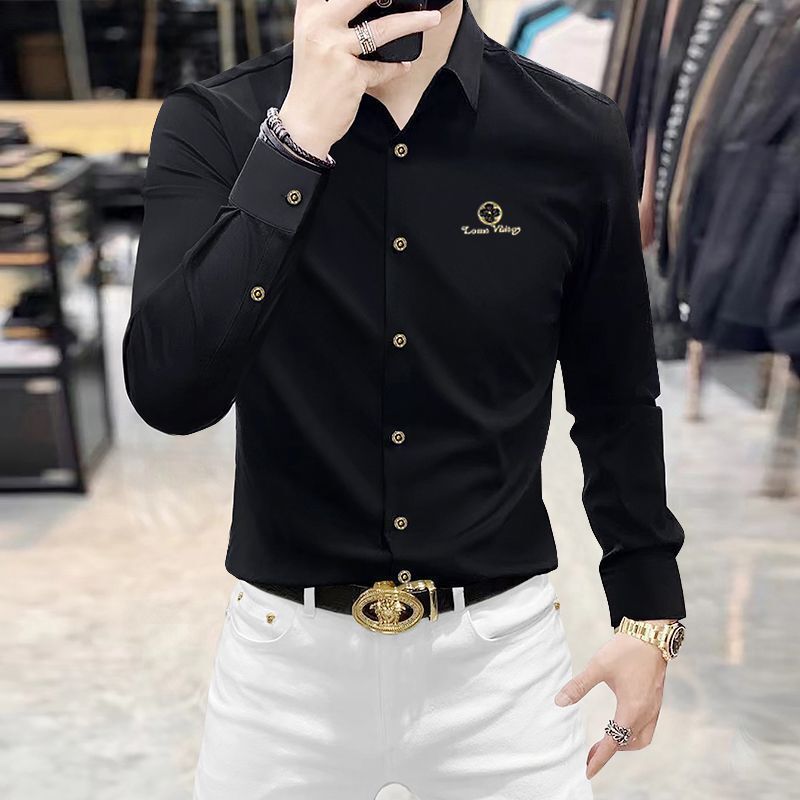 Luxury Brand Designer Clothes High-End New Anti-Wrinkle Trendy Brand Men's Long-Sleeve Slim-Fit Business Casual Seamless Shirt
