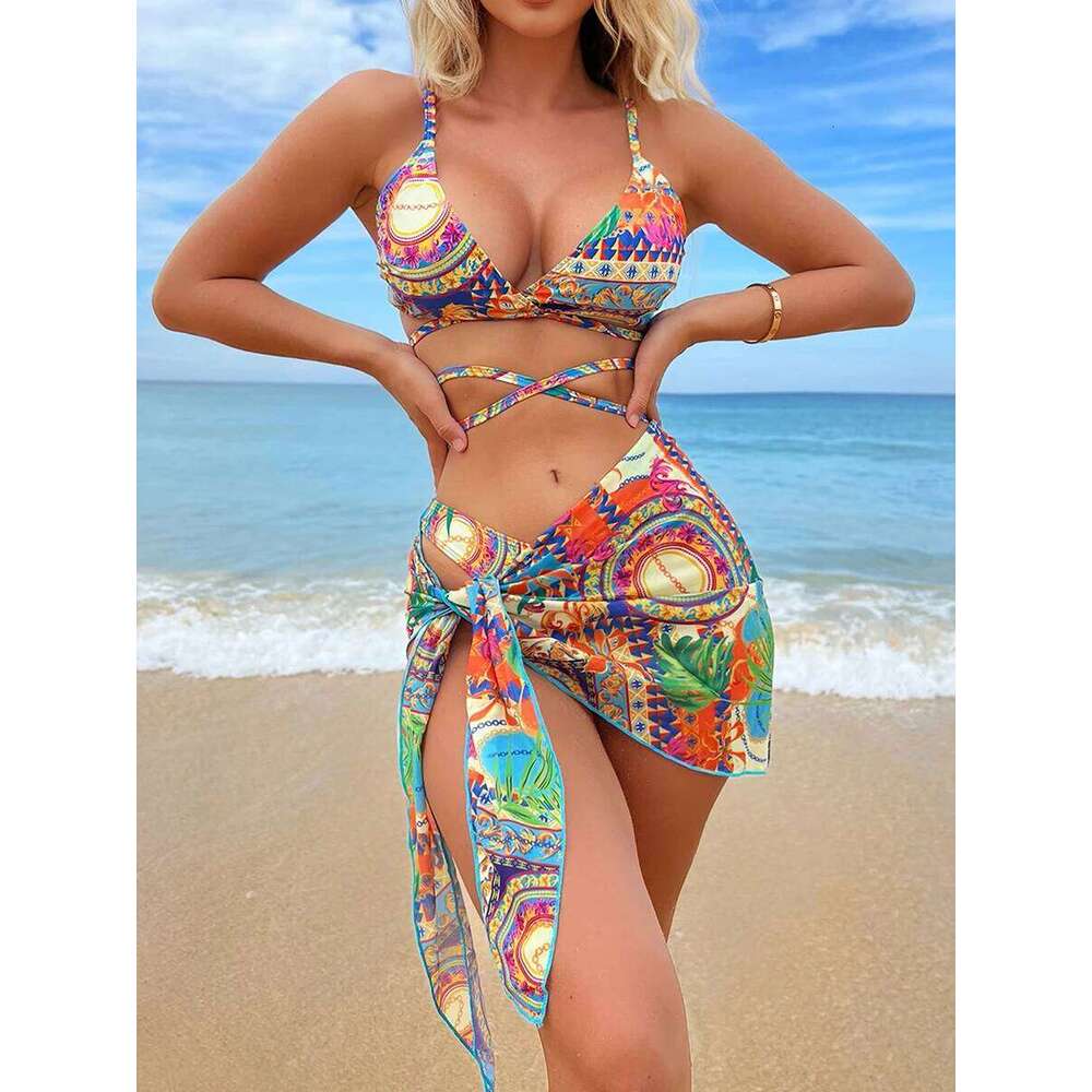 3 Pieces String Bikinis 2025 Women Sexy Swimsuit With Skirt Printed Swimwear Female Bathers Bathing Swimming Swim Suit Beachwear XJ260206