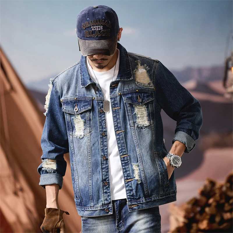 Mens Spring Autumn Ripped Denim Jacket Trendy American Retro Style Casual Coat for Streetwear Comfortable Midweight Outerwear M260309