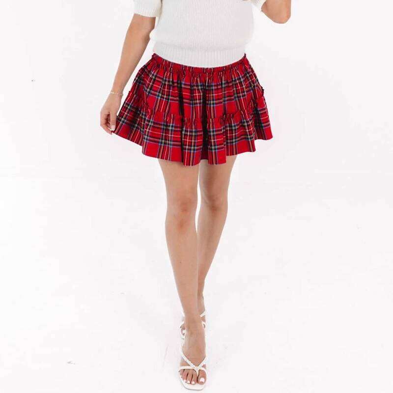 Womens Christmas Plaid Print Mini Skirt Y2k Smocked Elastic High Waist Layered Ruffle Swing Flowy A-line Short Skirts XJ260309