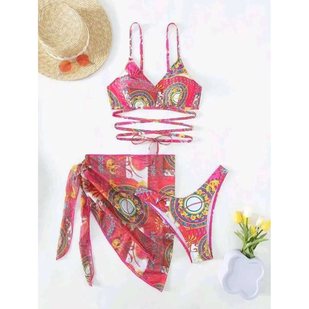 3 Pieces String Bikinis 2025 Women Sexy Swimsuit With Skirt Printed Swimwear Female Bathers Bathing Swimming Swim Suit Beachwear XJ260206