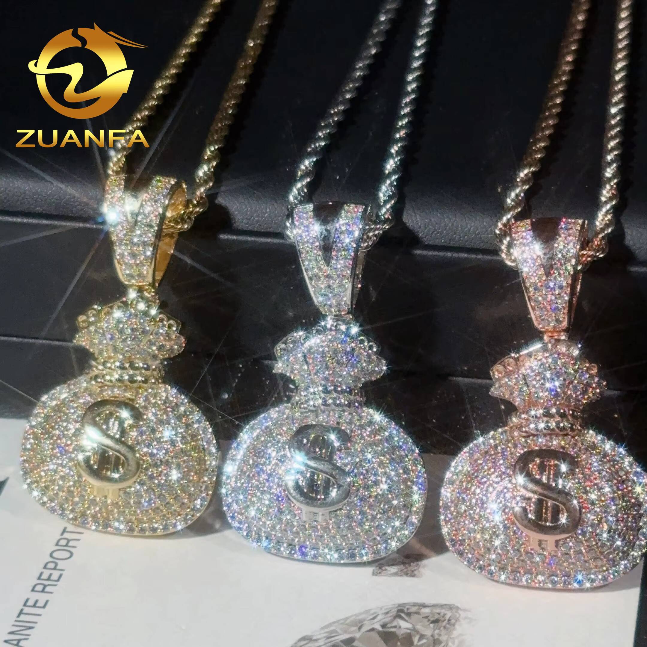 48h Shipping 925 Solid Silver Lucky Money Bag Moisssanite Pendant Hip Hop Jewelry Iced Out Pendant Free Rope Chain