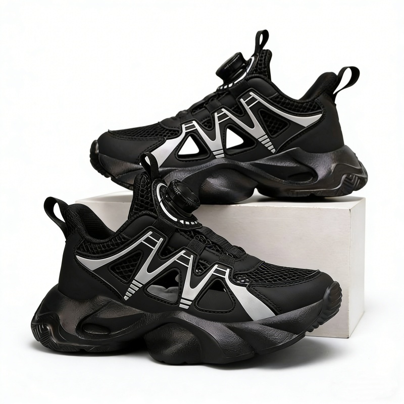 Free shipping Kids Breathable Mesh Sneakers Boys Rotating Buckle No Tie Laces Black white Non-slip Casual Chunky Shoes Spring and summer
