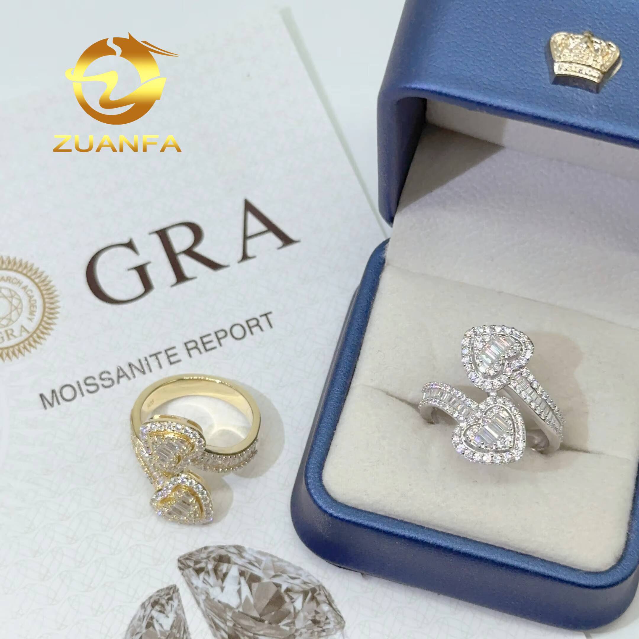 Fashion Jewelry baguette Cut Heart VVS Moissanite 925 Silver Curved Band Luxury Hiphop Ring