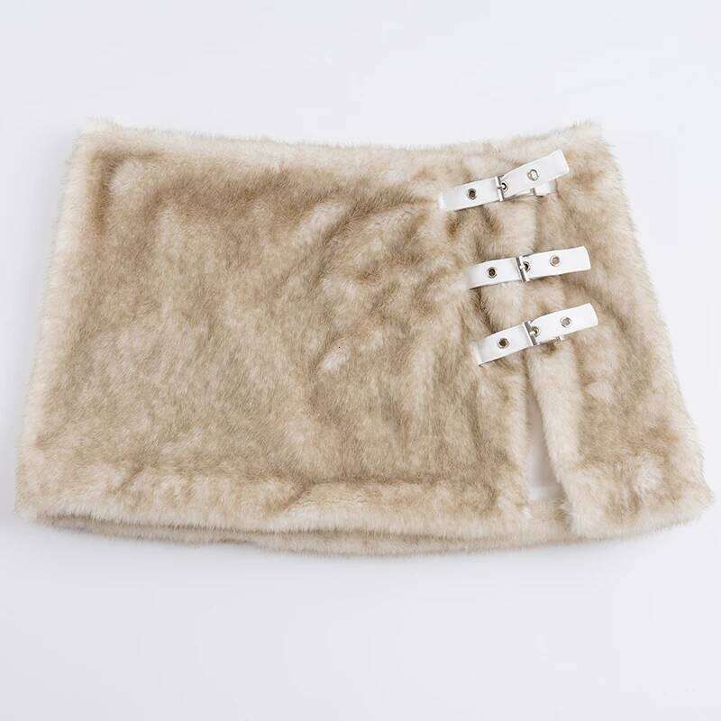 Y2K Sexy Fur Split Mini Buckle Sweet Slim Side Slit Mid-Waisted Bodycon Skirt Casual Streetwear Party Outfit Autumn Winter XJ260309