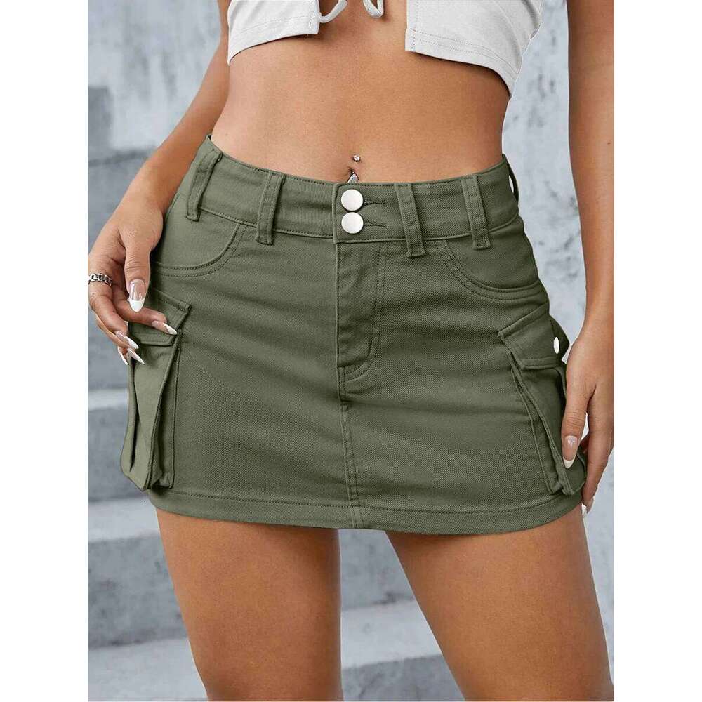 Women Y2k Mini Cargo 2000s Vintage Harajuku Low Waist Summer Slim Fit Solid Color Skirt with Pockets for Club XJ260309
