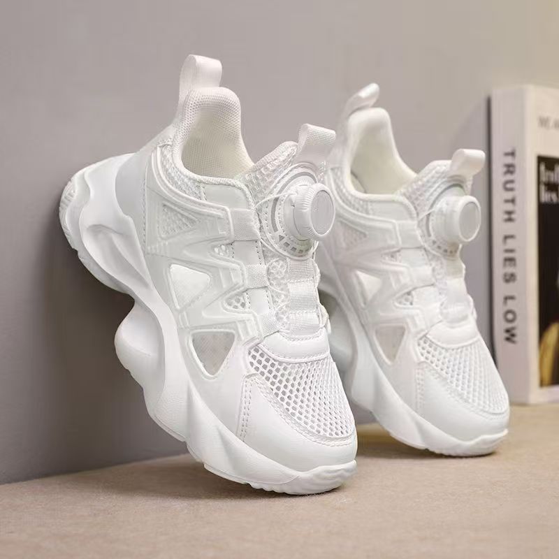 Free shipping Kids Breathable Mesh Sneakers Boys Rotating Buckle No Tie Laces Black white Non-slip Casual Chunky Shoes Spring and summer