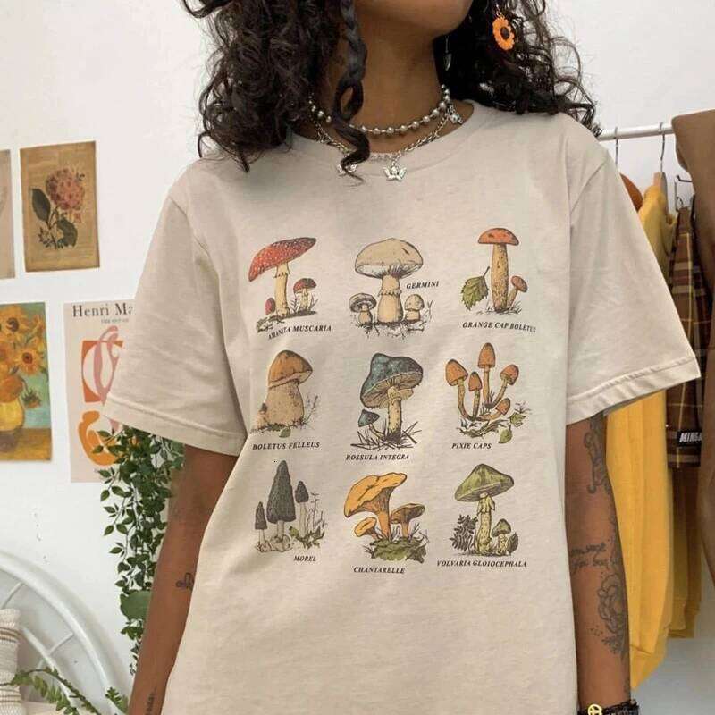 Vintage Fashion Mushroom Print Oversized T Shirt Egirl Grunge Aesthetic Streetwear Graphic Tees Women T-shirts Cute Tops Clothes XJ260306