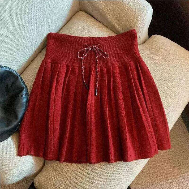 Korean Drawstring Lace-Up Pleated Skirt Women Preppy Style High Waist Slimming Knitted Mini Sweet Cute Jk Skirts XJ260309