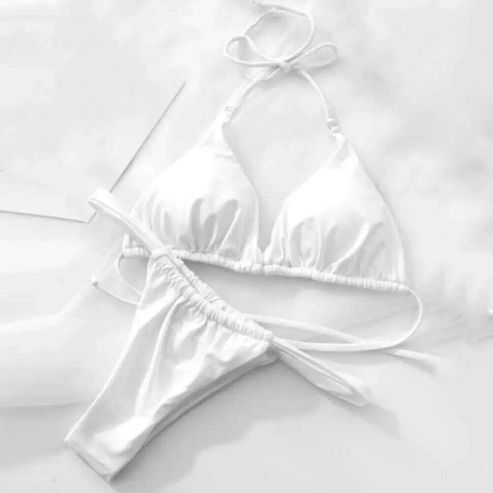 Women Low-cut Pleated Push Backless sexy hot girls Bikini Set Lace Up High Waist Halter Neck Bathing Suit Swimwear XJ260206