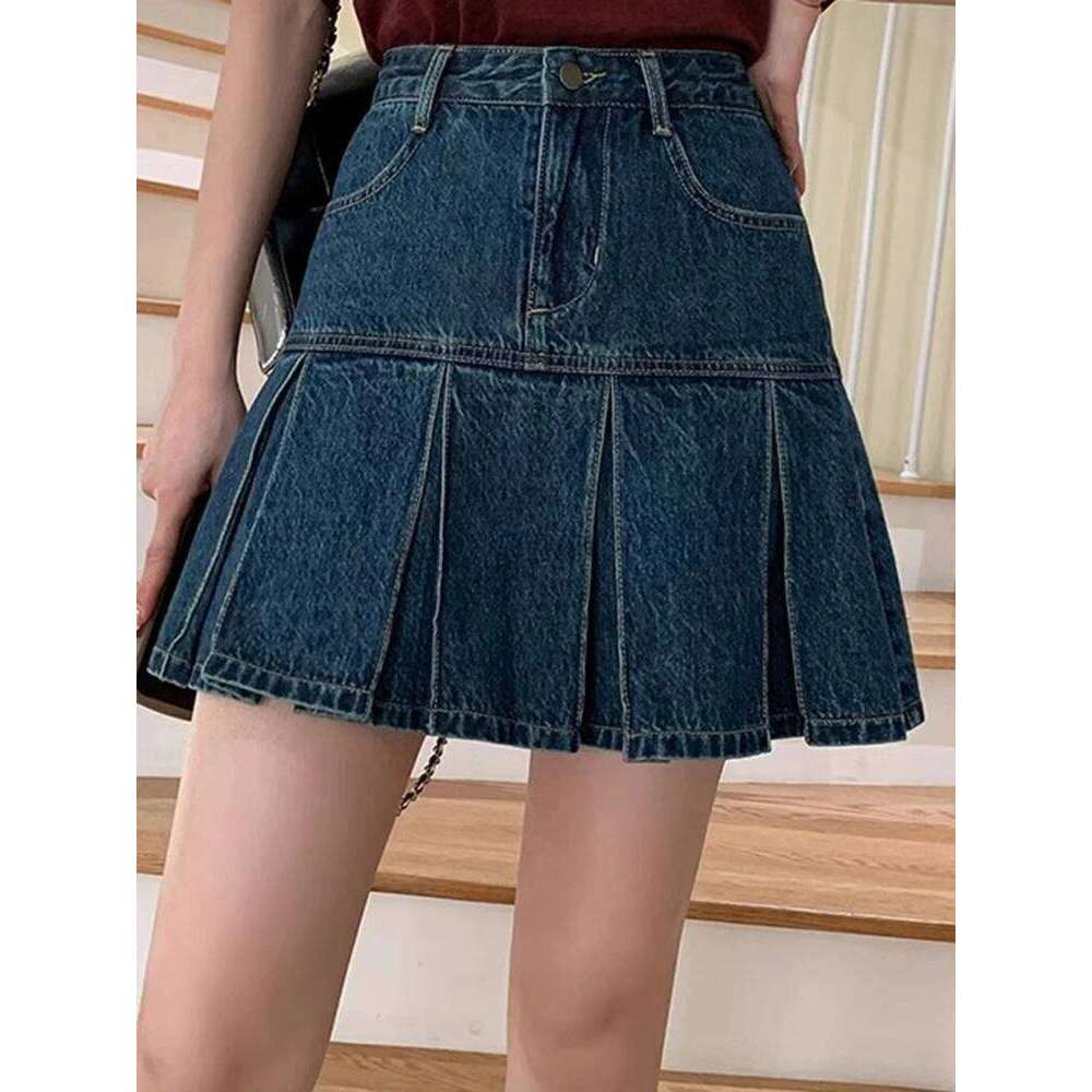 Women High Waist Korean Style Denim Pleated Female Elegant Ruched Dress Lady Blue A Line Mini Wrap Hips Skirts Large Size XJ260309