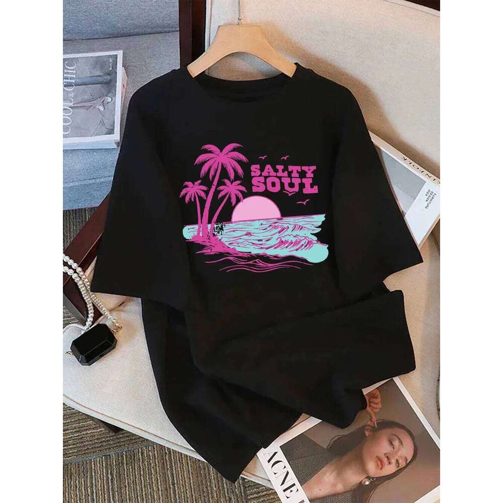 Women T-Shirt Summer Salty Soul Waves Beach Coconut Trees Prints T Shirt Soft Loose Round-Neck Tops Casual Woman Clothes XJ260306