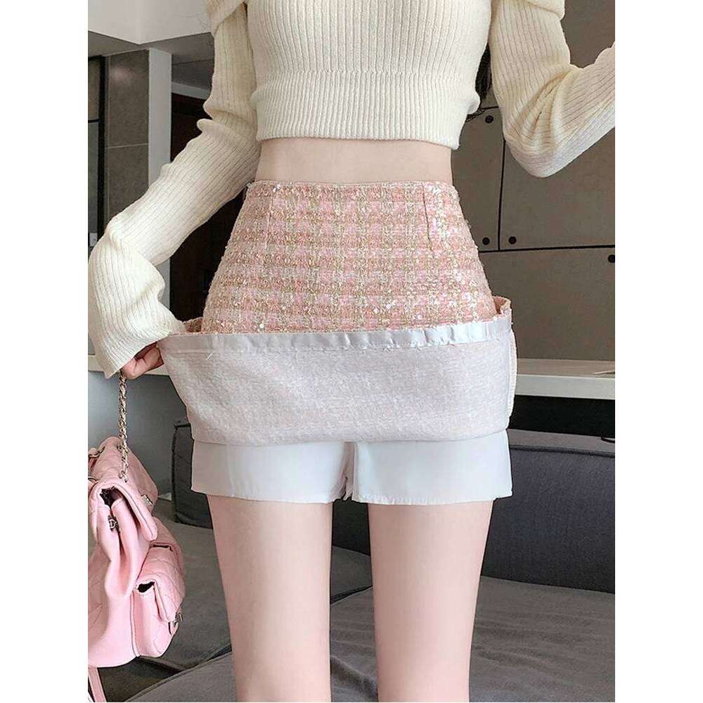 Fashion Streetwear Mini Women's Skirts Y2K Autumn Winter A-Line Glitter Sequins Tweed Skirt Bodycon Wrap Black Pink Jupe Femme XJ260309