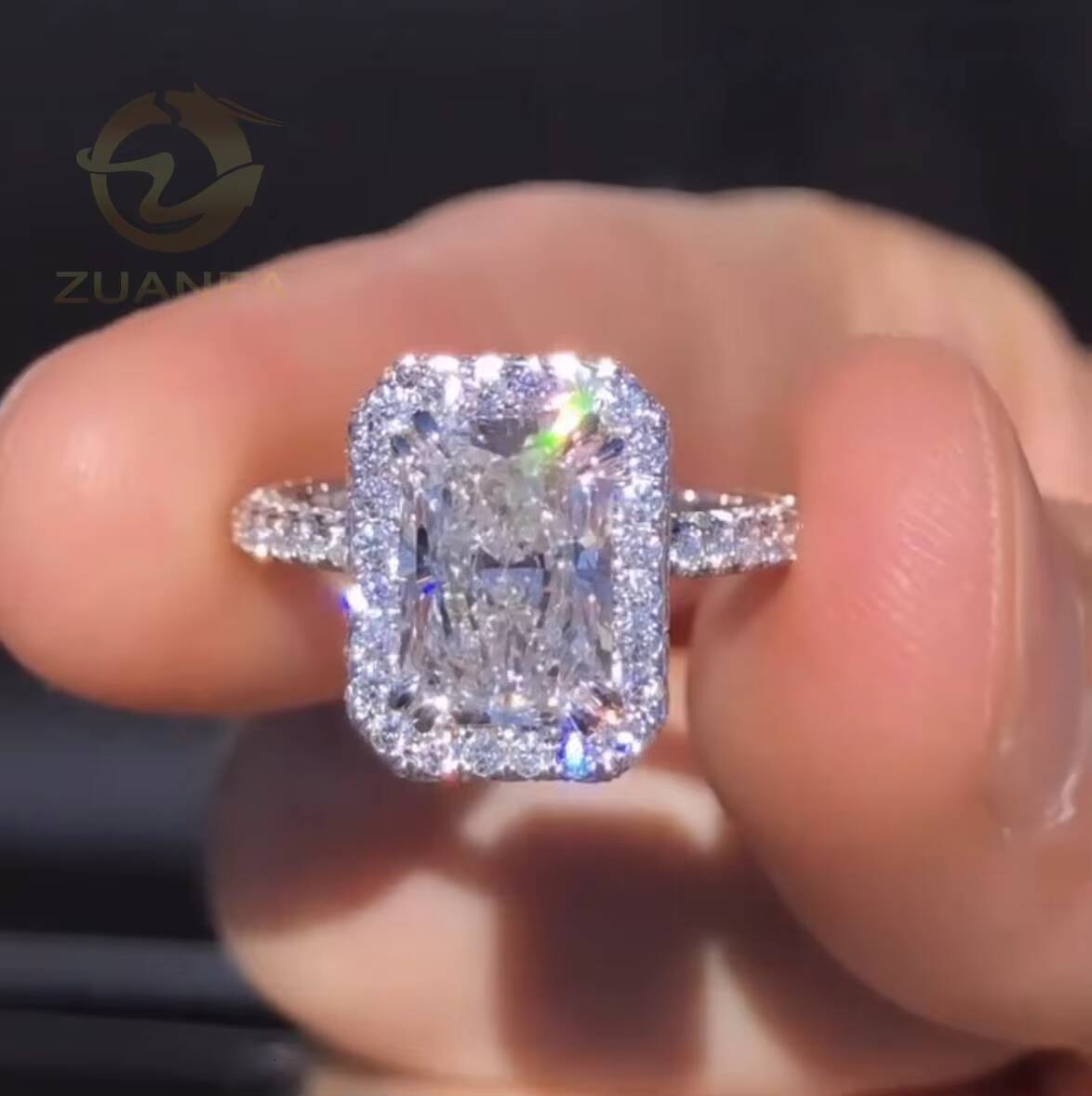 Halo Ring Radiant Cut Moissanite 10k Real White Gold Engagement Ring Custom Moissanite Ring for Men Women Anniversary Gift