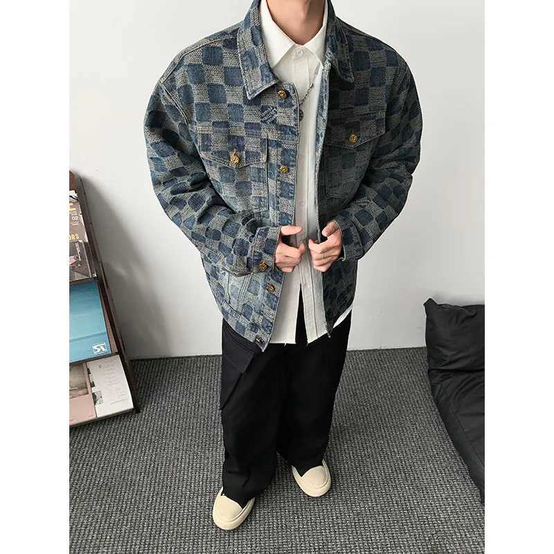 Vintage Loose Mens plaid Print Denim Jacket Spring Autumn Casual Versatile Hipster Long Sleeve Outerwear Coat M260309
