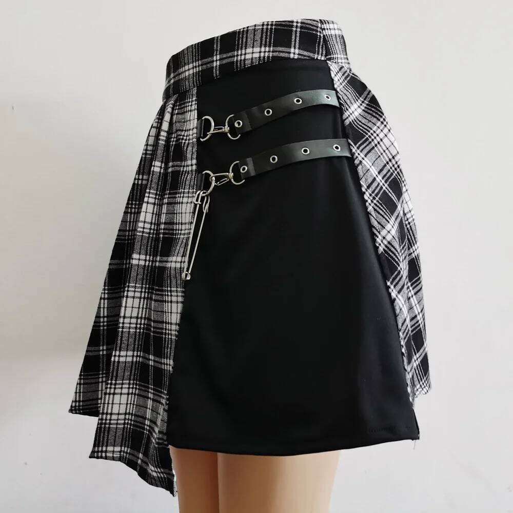 Goth Skirt New Female Women Mini Skirts Casual Basic Fashion All Match Plaid Vintage Irregular High Waist College Wind XJ260309