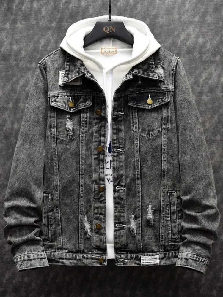 Men Vintage Denim Jacket Handsome Embroidery Jean Patchwork Long Sleeve Classic Outerwear Windbreaker Spring Autumn Coat M260309