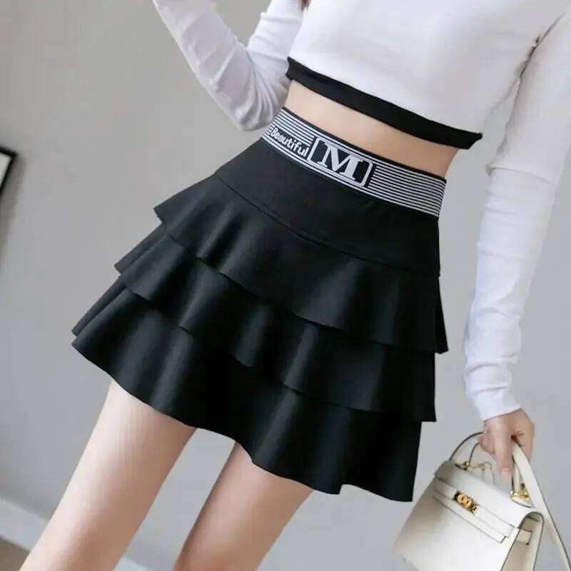 Kawaii Women's Cake Harajuku Summer Winter High Slim Unkempt Black Elastic Waist Anti-glowing Lining Mini Skirt Sexy XJ260309
